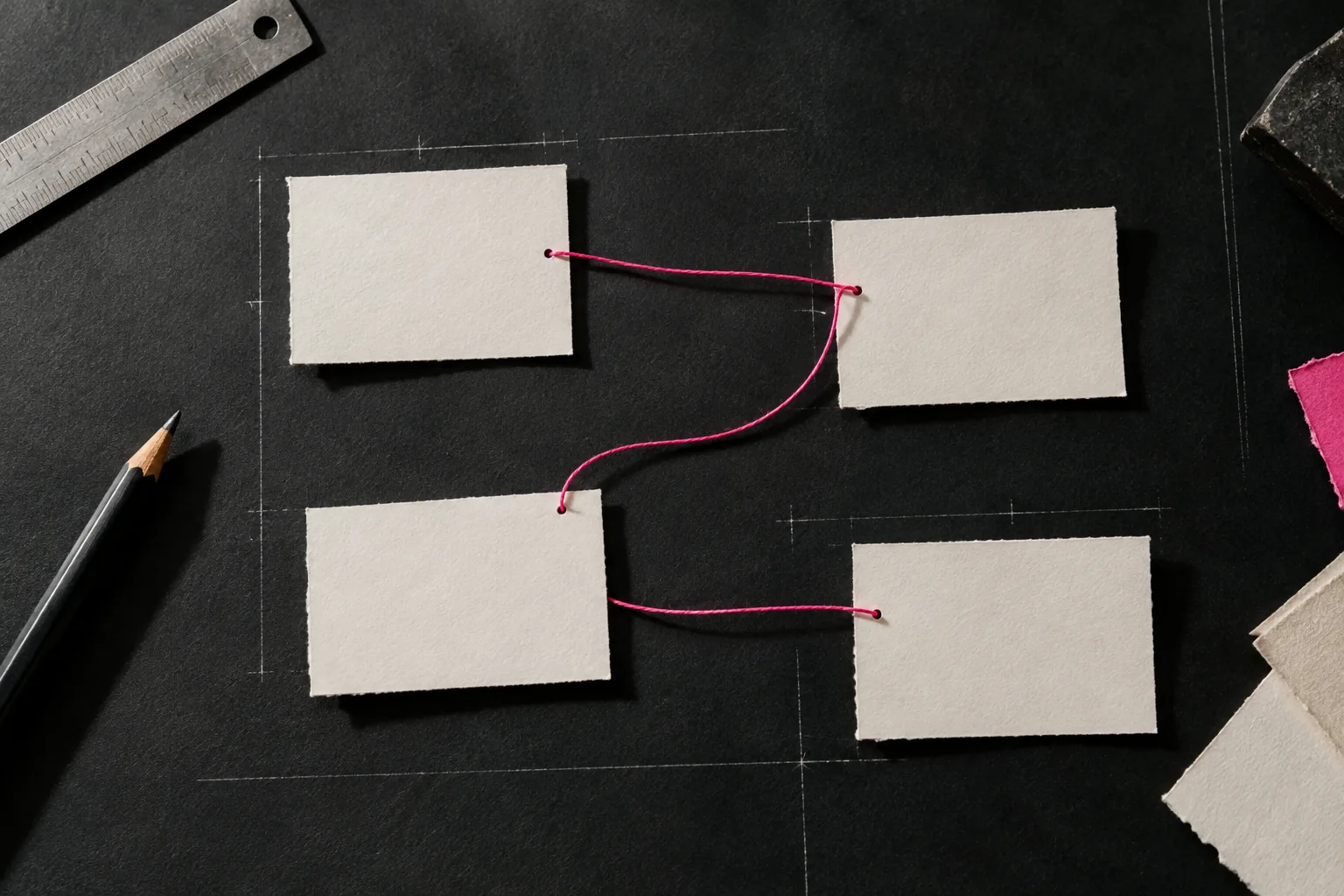 Four blank paper cards linked by pink thread on a dark planning board