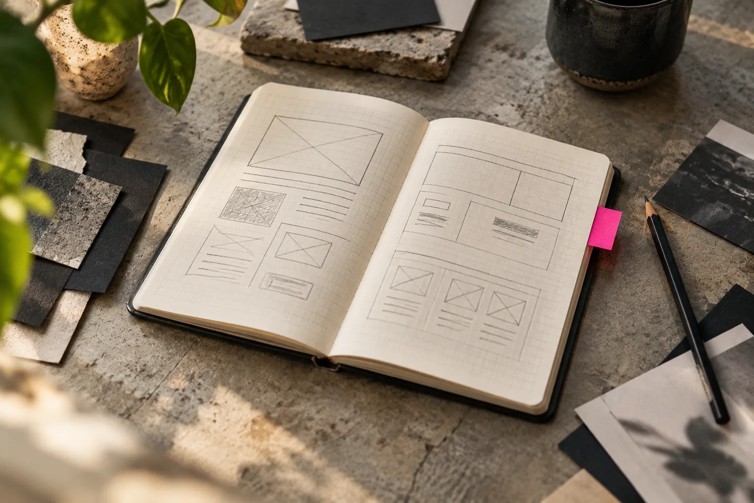 Open notebook with pencil sketches of page layouts and a pink tab